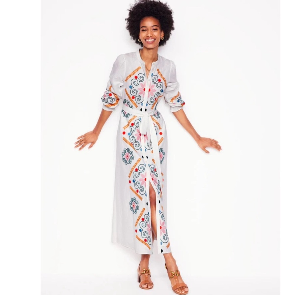 Boden Ruby Linen Blend Embroidered Shirt Dress